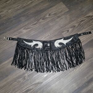 Fringed Black Leather Belt Skirt With Faux Fur Western Goth Witchy Bikercore